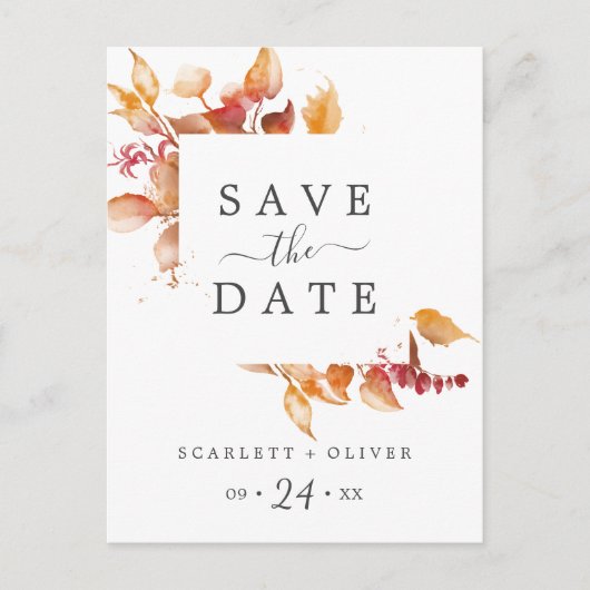 Fall Leaves | White & Burgundy Save the Date Uitnodiging Briefkaart (Voorkant)