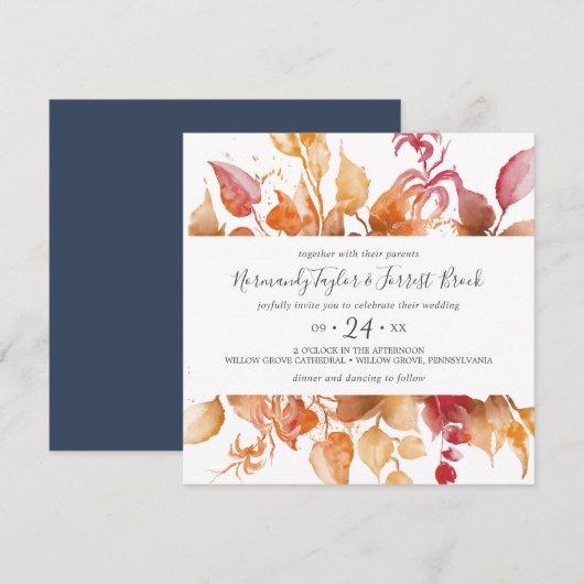 Fall Leaves White en Burgundy Casual Square Wedden Kaart (Voorkant / Achterkant)