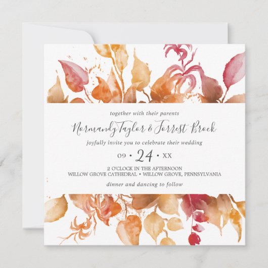 Fall Leaves White en Burgundy Casual Square Wedden Kaart (Voorkant)