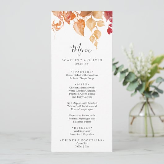 Fall Leaves | Wit en Bourgogne Weddenschap Menu (Staand voorkant)