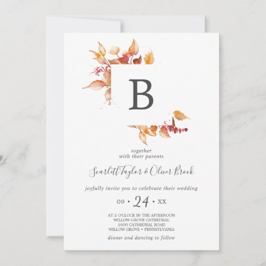 Fall Leaves | Witte en Bourgogne Monogram bruiloft Kaart (Voorkant)
