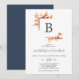 Fall Leaves | Witte en Bourgogne Monogram bruiloft Kaart