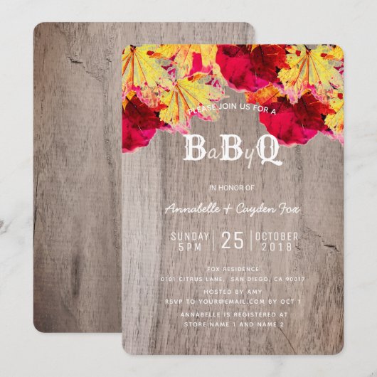 Fall Leaves Wood BaByQ BBQ Baby shower Invitation Kaart (Voorkant / Achterkant)