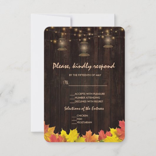 Fall Leaves Wood Oude Lantaarns bruiloft RSVP Kaartje (Voorkant)
