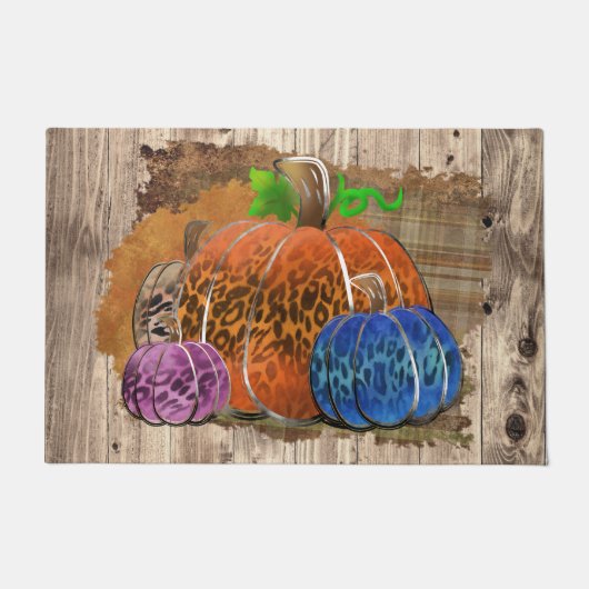Fall Leopard Print Autumn Pumpkins On Plaid Deurmat (Voorkant)