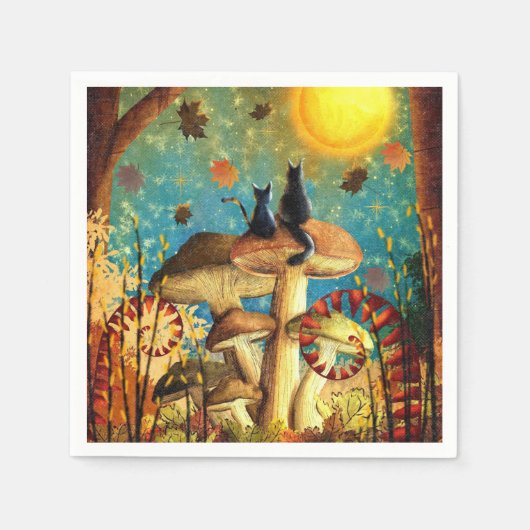 Fall Lovers Cats Forest Mushrooms Stars Night Sky  Servet (Voorkant)