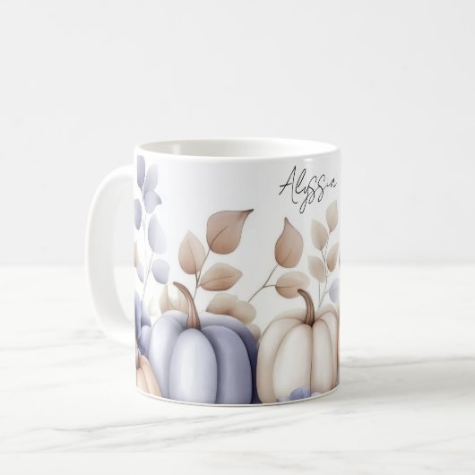 Fall Mug with blue and beige Pumpkins and Flowers Koffiemok (Voorkant links)