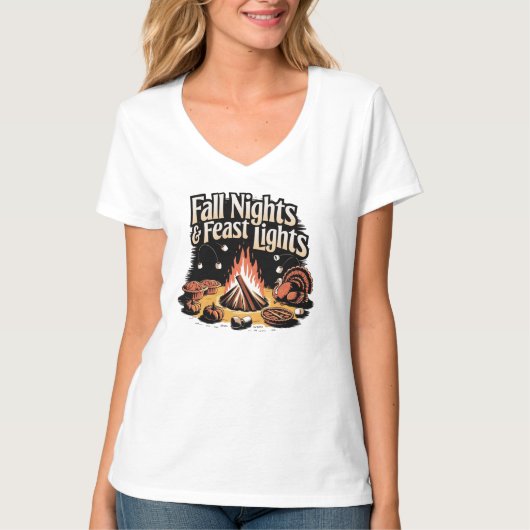 Fall Nights and Feast Lights Thanksgiving Campfire T-shirt (Voorkant)