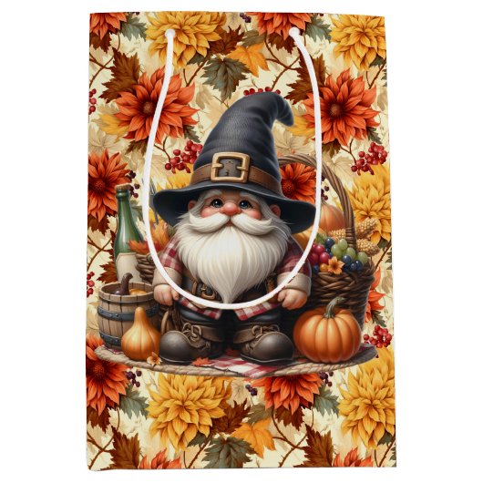 Fall Orange Flowers With Thanksgiving Gnome Medium Cadeauzakje (Voorkant)