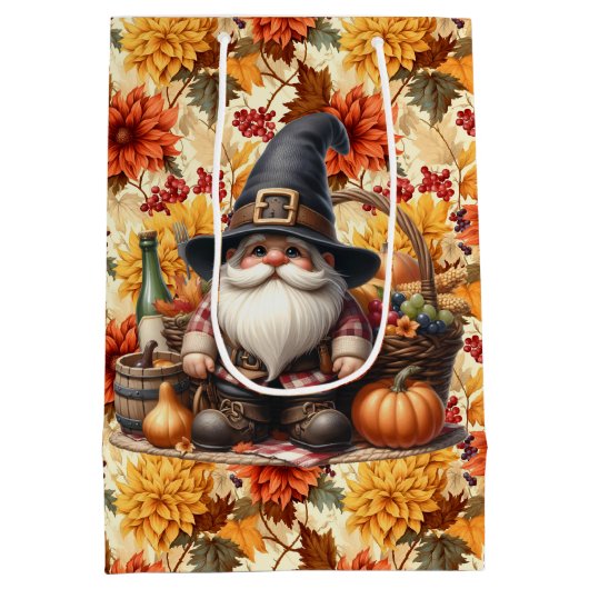 Fall Orange Flowers With Thanksgiving Gnome Medium Cadeauzakje (Achterkant)