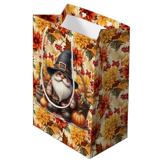 Fall Orange Flowers With Thanksgiving Gnome Medium Cadeauzakje (Achterkant Gekanteld)