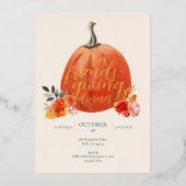 Fall Orange Friendsgiving Watercolor Pumpkin Gold Folie Uitnodiging (Voorkant)