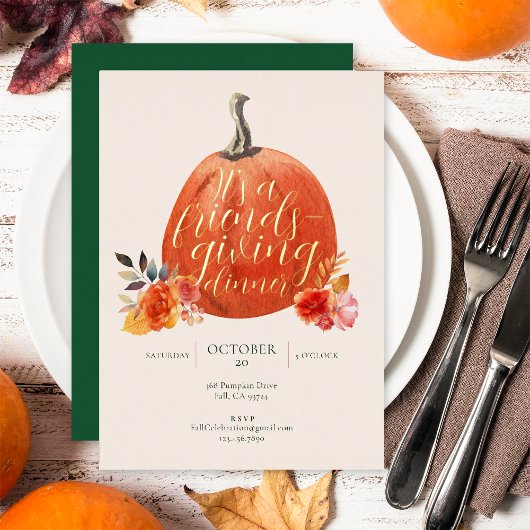 Fall Orange Friendsgiving Watercolor Pumpkin Gold Folie Uitnodiging