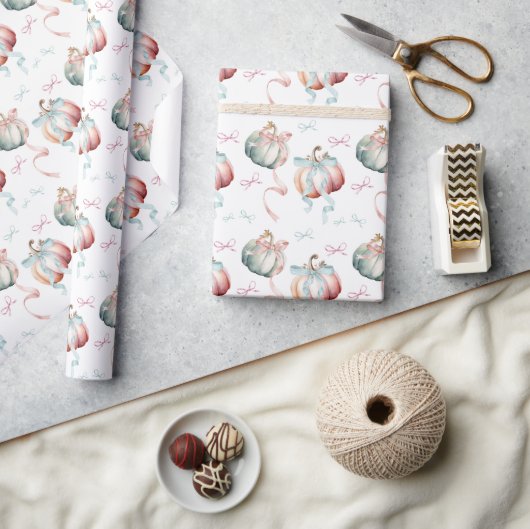 Fall Pastel Pumpkins and Bows Wrapping Paper Cadeaupapier (Crafts)