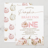 Fall Pink Girls Plaid Pumpkin First Birthday Kaart (Voorkant / Achterkant)