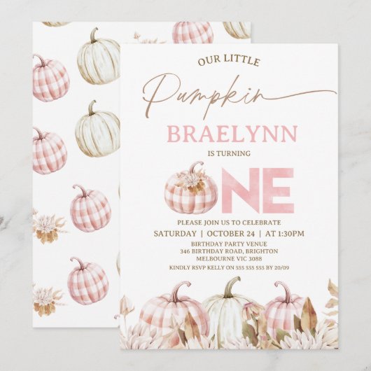 Fall Pink Girls Plaid Pumpkin First Birthday Kaart (Voorkant / Achterkant)