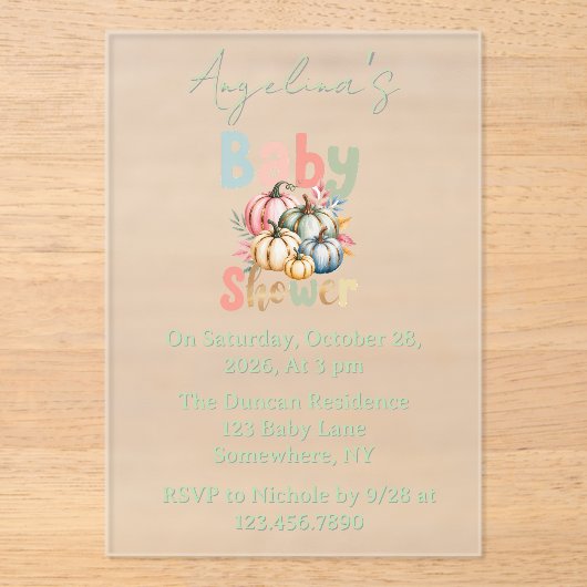 Fall Pumpkin Baby Shower  Acryl Uitnodigingen (Voorkant)