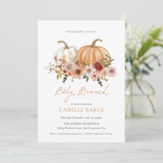 Fall Pumpkin Baby Shower Brunch Invitation Kaart (Staand voorkant)