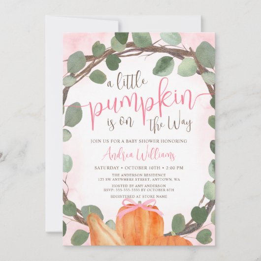 Fall Pumpkin Eucalyptus Wreath Girl Baby Shower Kaart (Voorkant)