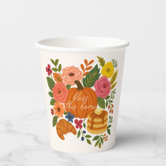 Fall Pumpkin Floral Bless This Home Thanksgiving Papieren Bekers (Voorkant)