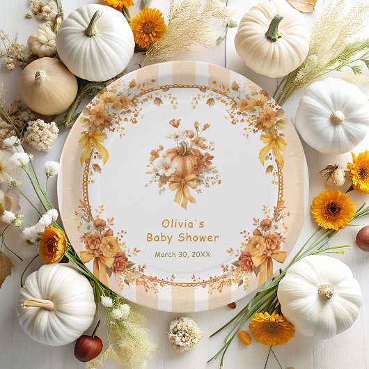 Fall Pumpkin Floral Bow Baby Shower Papieren Bordje