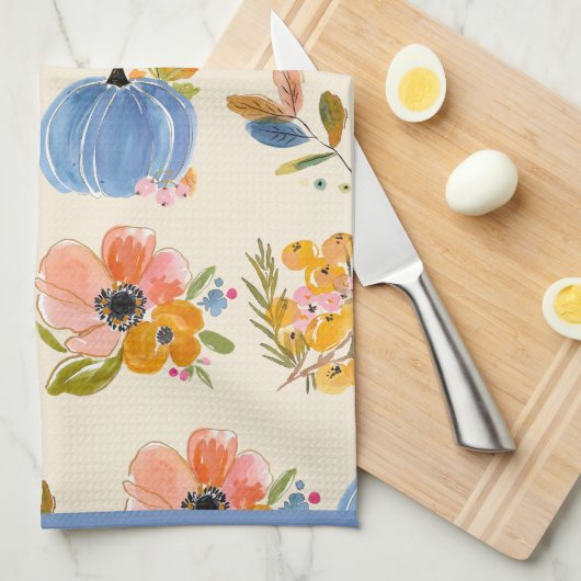 Fall Pumpkin & Floral Pattern Watercolor Theedoek (Quarter Fold)