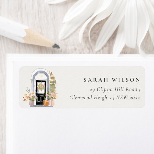 Fall Pumpkin Front Door Floral Moved Address Etiket (Insitu)