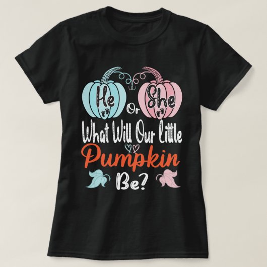 Fall pumpkin Gender Reveal he or she? -Baby Shower T-shirt (Design voorkant)
