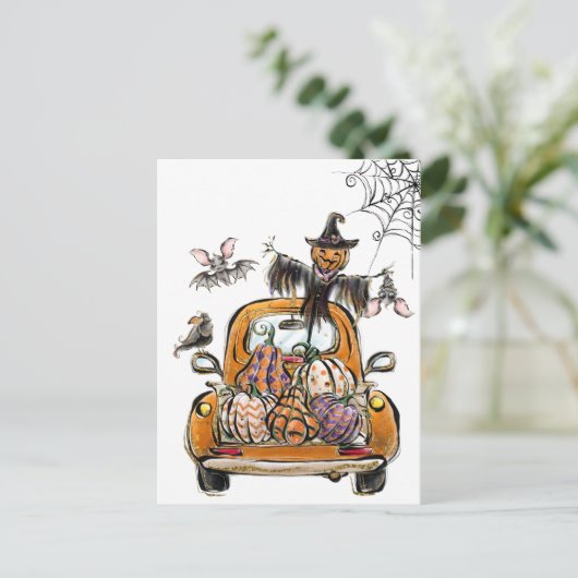 Fall Pumpkin Patch Truck with bats scarecrow bird Briefkaart (Staand voorkant)