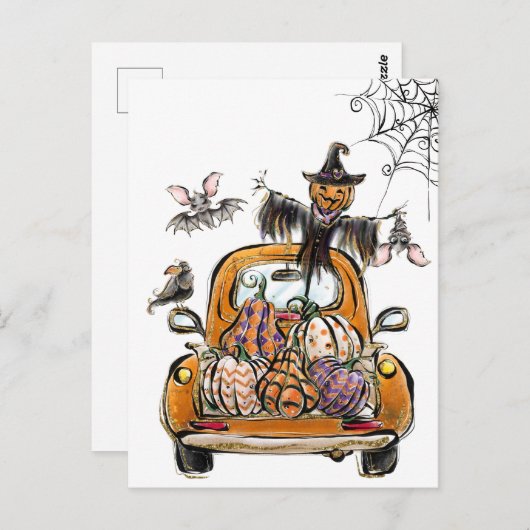 Fall Pumpkin Patch Truck with bats scarecrow bird Briefkaart (Voorkant / Achterkant)