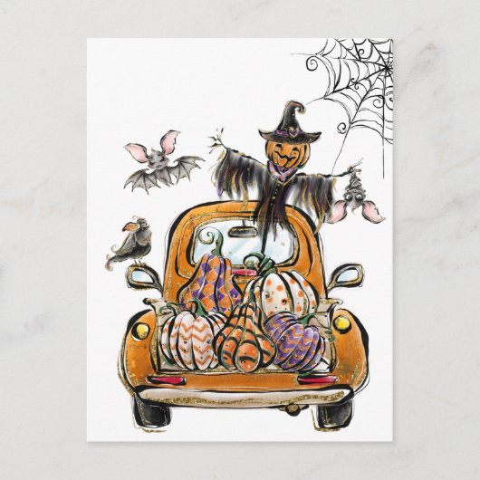Fall Pumpkin Patch Truck with bats scarecrow bird  Briefkaart (Voorkant)