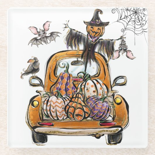 Fall Pumpkin Patch Truck with bats scarecrow bird  Glazen Onderzetter (Voorkant)