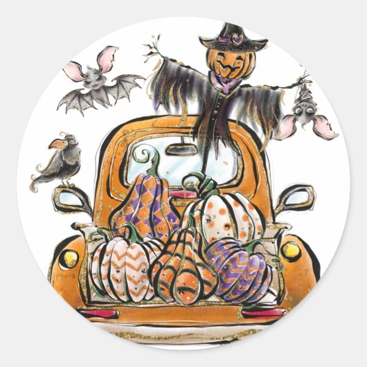 Fall Pumpkin Patch Truck with bats scarecrow bird Ronde Sticker (Voorkant)