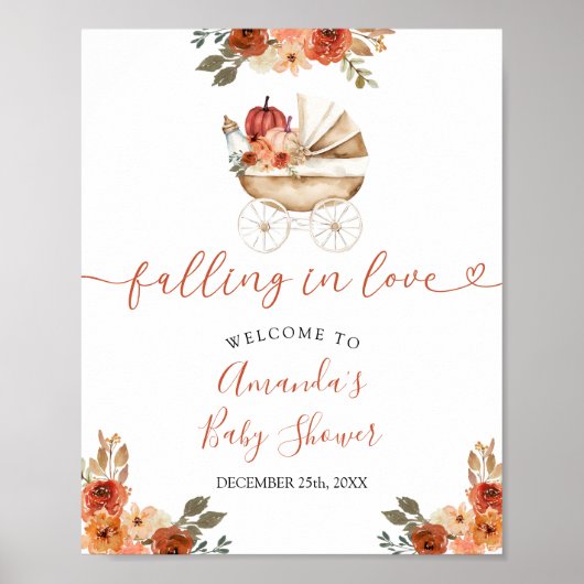Fall Pumpkin Stroller Floral Baby Shower Welcome Poster (Voorkant)