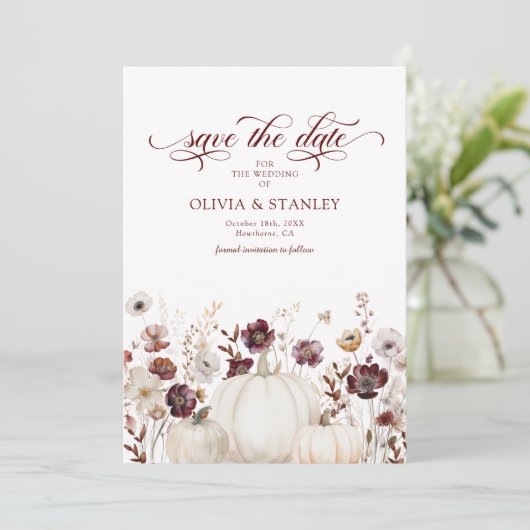 Fall Pumpkin Wildflowers Wedding Save the Date (Staand voorkant)