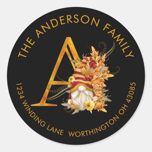 Fall Season Gnome Monogram Letter A Address Label (Voorkant)
