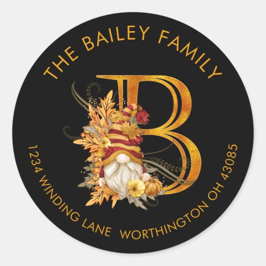 Fall Season Gnome Monogram Letter B Address Label (Voorkant)