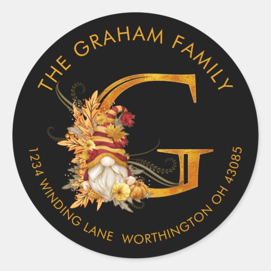 Fall Season Gnome Monogram Letter G Address Label (Voorkant)