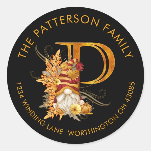 Fall Season Gnome Monogram Letter P Address Label (Voorkant)