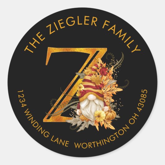 Fall Season Gnome Monogram Letter Z Address Label (Voorkant)