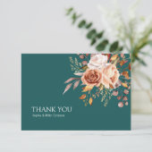 Fall Teal Watercolor Terracotta Floral wedding Bedankkaart (Staand voorkant)