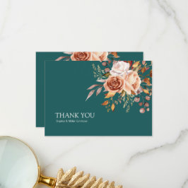 Fall Teal Watercolor Terracotta Floral wedding Bedankkaart