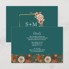 Fall Teal Watercolor Terracotta Floral wedding Informatiekaartje