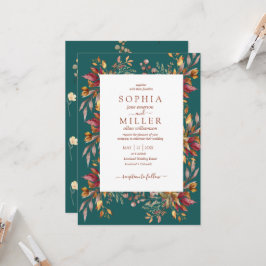 Fall Teal Watercolor Terracotta  Floral wedding Kaart
