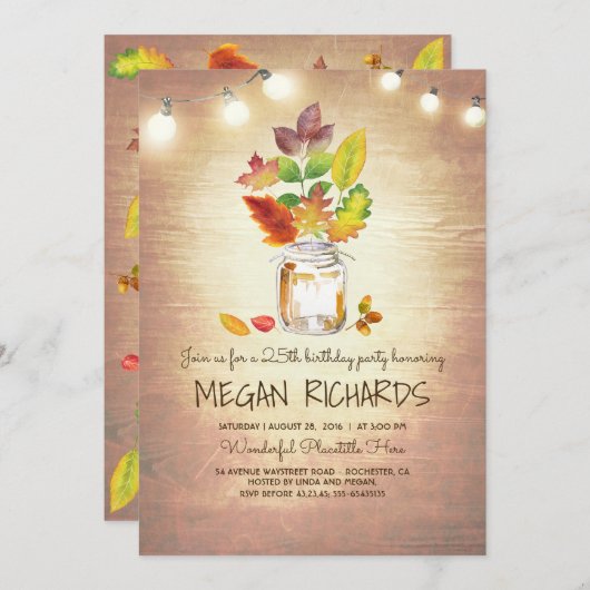 Fall verlaat Mason Jar Rustiek verjaardagsfeestje Kaart (Voorkant / Achterkant)