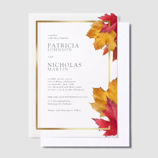 Fall verlaat Rustic Golden Lijst herfstbruiloft Vellum Uitnodigingen (Offset)