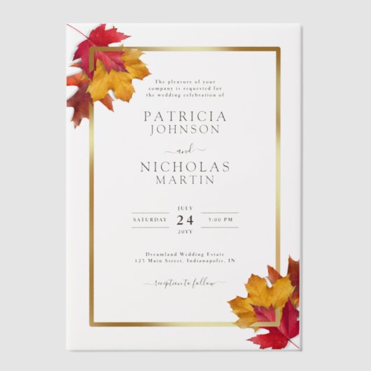 Fall verlaat Rustic Golden Lijst herfstbruiloft Vellum Uitnodigingen (Voorkant)