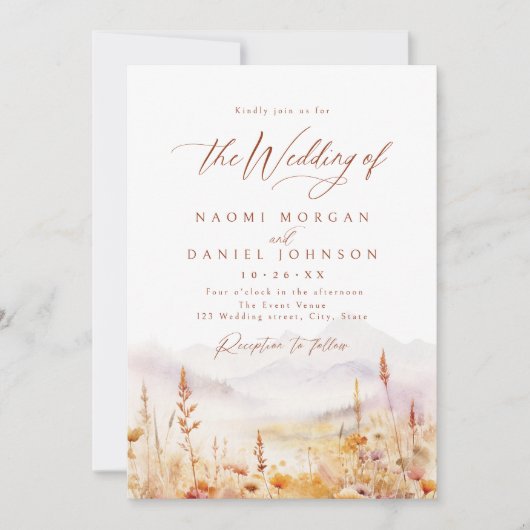 Fall Watercolor Wildflower Mountain Rustic Wedding Kaart (Voorkant)