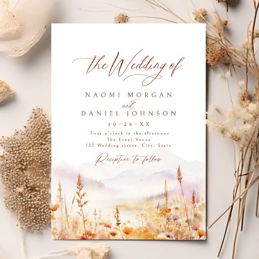 Fall Watercolor Wildflower Mountain Rustic Wedding Kaart