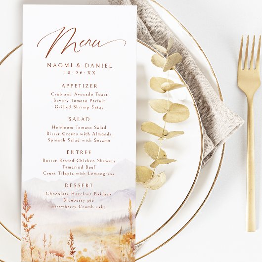 Fall Watercolor Wildflower Mountain Rustic Wedding Menu